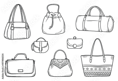 Hand-Drawn Collection of Assorted Handbags and Purses