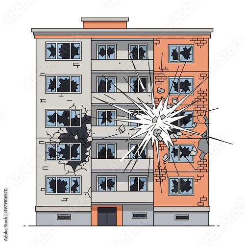 Damaged Apartment Building After Explosion, Broken Windows, Collapsed Walls