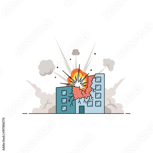 Exploding Building Illustration: Destruction, Blast, City Damage, Fire, Smoke