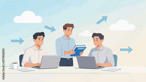 Three men working together on laptops