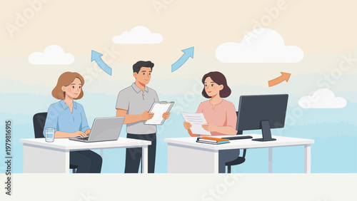 Office workers collaborating with documents and computers