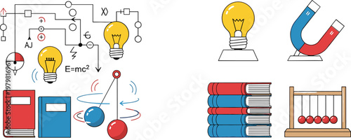 Physics Science Education Collection with Light Bulb Magnet Circuit and Newton Cradle Elements Set for School Learning Vector Illustration