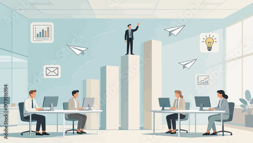 Office workers with leader on bar chart