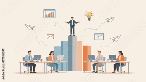 Office workers with business icons