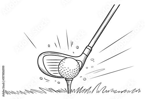 Obraz na plátne Hand-drawn of a golf club hitting a golf ball on a tee