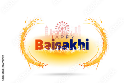 Festive background Happy Baisakhi with wheat and Punjabi Sikh dance, joy fun celebration silhouette vector illustration.