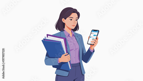 Businesswoman with phone and folders