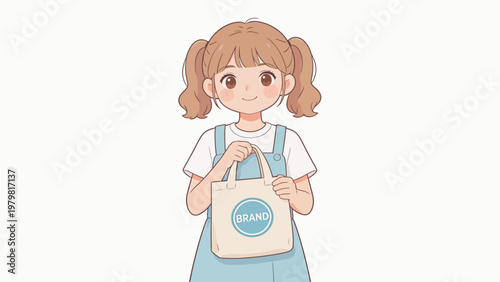 Cartoon girl holding branded tote bag