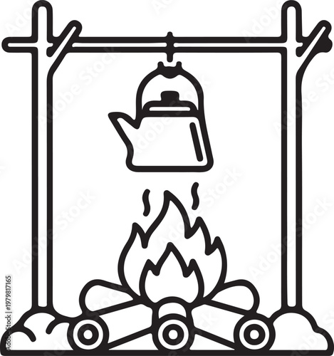 Campfire kettle icon, outdoor cooking line art vector