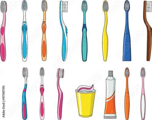 Toothbrush and Toothpaste Collection with Colorful Dental Hygiene Tools Set for Oral Care Bathroom Accessories Vector Illustration