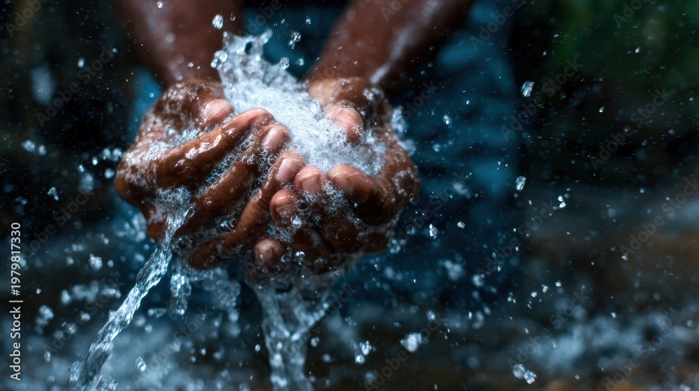 Fototapeta premium A close-up shot of hands cupping water, showcasing the beauty of nature and the refreshing essence of water while capturing a moment of connection with our environment.