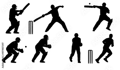 Cricket player silhouette action icon set sports vector collection