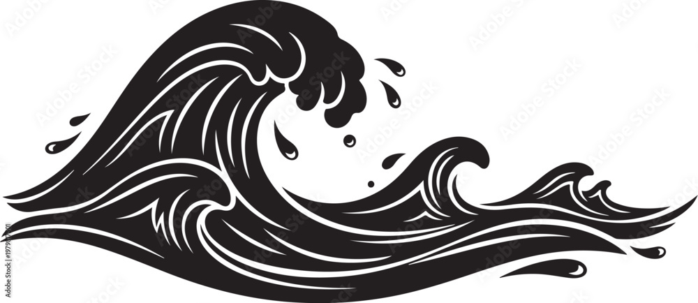 Fototapeta premium Black and white wave illustration with dynamic ocean movement