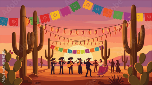 Mexican Culture Celebration with Mariachi Band and Dancers in Desert Landscape at Sunset with Papel Picado and Chili Pepper Decorations Vector Illustration