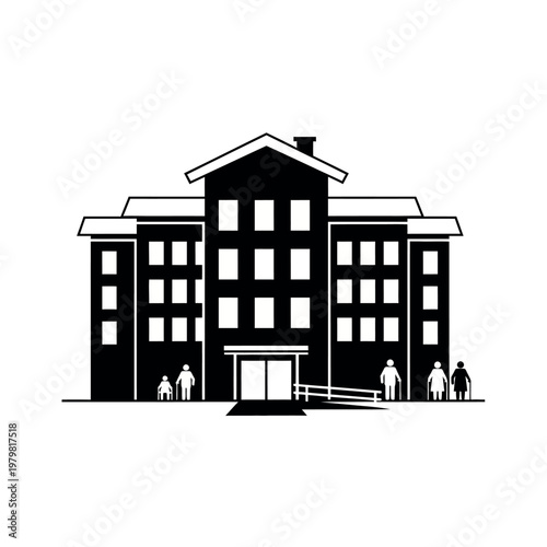 Building Facade with People and Ramp Icon.