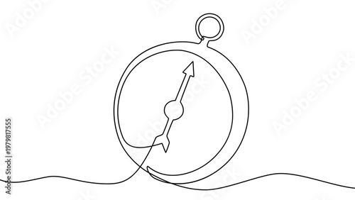 Continuous one line compass art journey adventure illustration single map. Compass one line doodle icon travel direction drawing future plane north outline vector old navigate draw simple paper banner