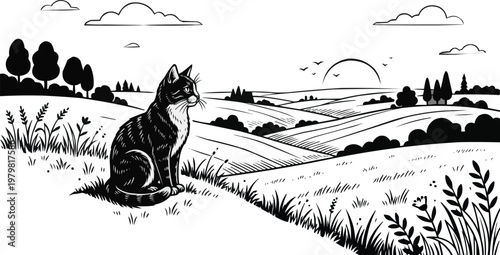 A cat sits in the foreground, looking out at a natural landscape.