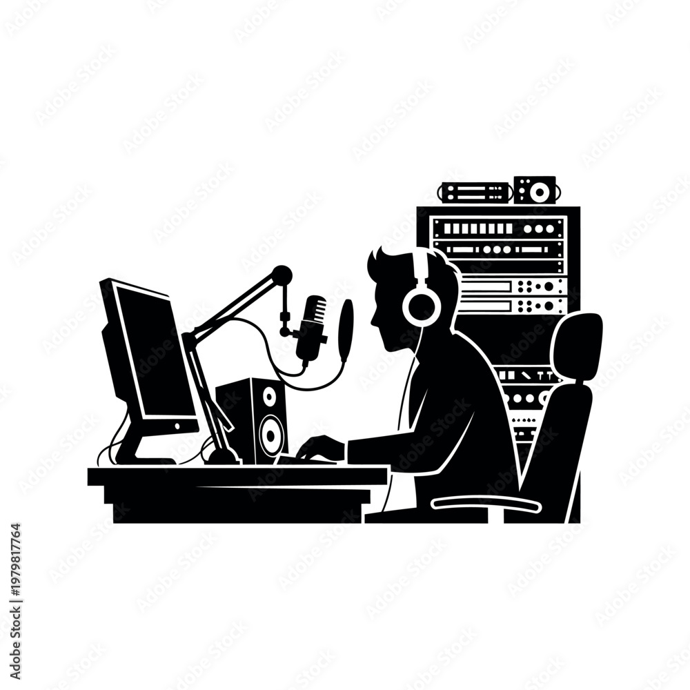 Fototapeta premium Man Recording Audio in a Studio with Equipment.