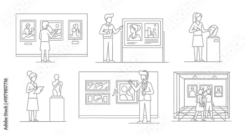 Art Gallery, Museum Visitors, People Viewing Paintings, Exhibition Icons, Vector Illustrations