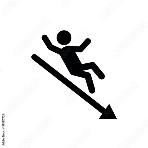 Icon of a person falling down a steep slope with an arrow.