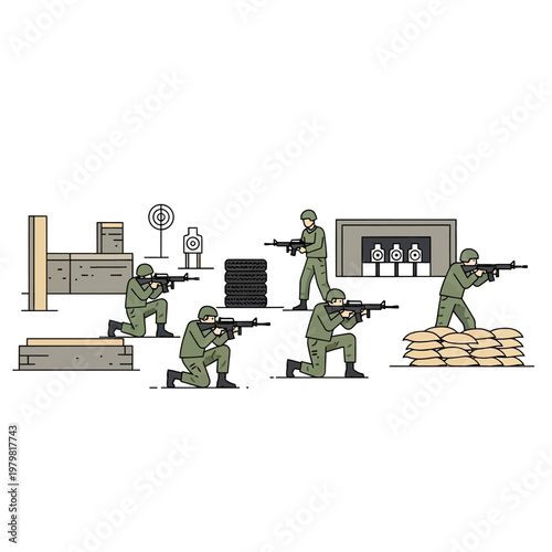 Military soldiers training at shooting range, firing rifles, aiming targets, vector illustration