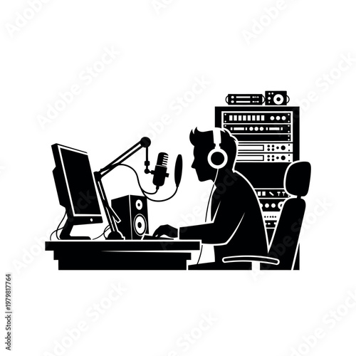 Man Recording Audio in a Studio with Equipment.