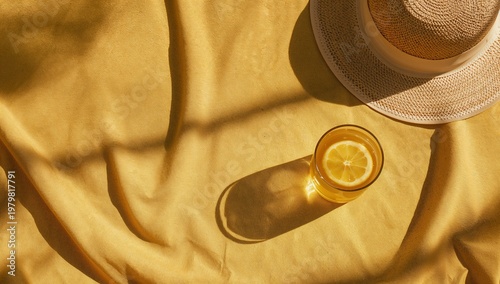 Yellow picnic cloth with straw hat shadow creating a bright summer lifestyle background with soft sunlight.