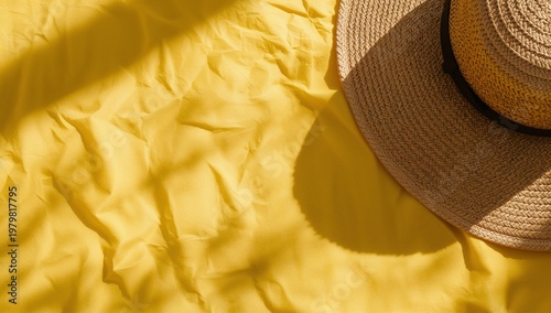 Yellow picnic cloth with straw hat shadow creating a bright summer lifestyle background with soft sunlight.