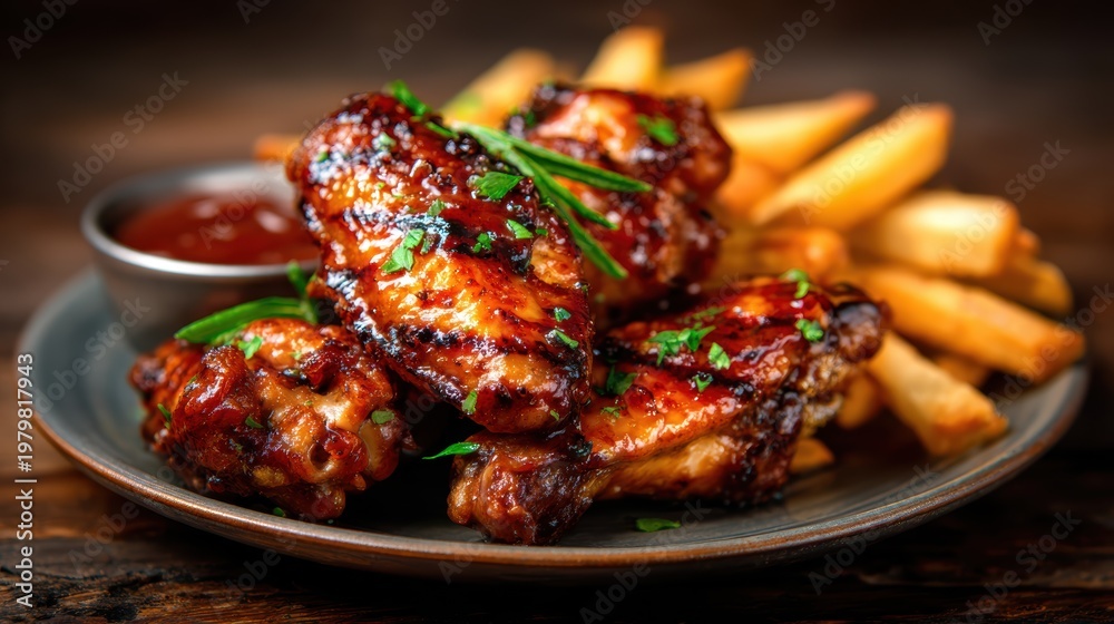Fototapeta premium A mouth-watering plate of barbecue chicken wings elegantly arranged with fries, showcasing delicious flavors and culinary excellence for food lovers and enthusiasts alike.