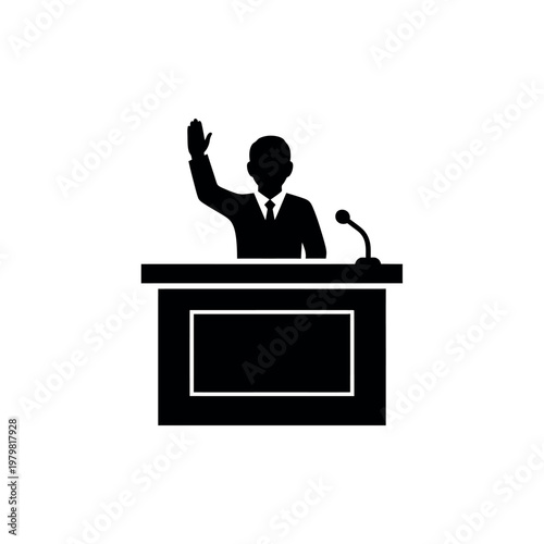 Silhouette of a speaker with hand raised at a podium with microphone.