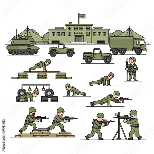 Military Training Camp: Soldiers Exercising and Practicing with Weapons