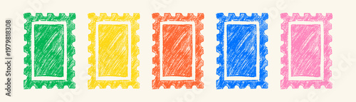 Hand drawn pencil, crayon, pastel, chalk postal stamp rectangle frame, badges, label, tags. Kid photo, picture, watercolor painting frame. Scrapbook collage design element. Doodle handwritten scribble