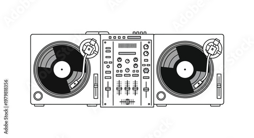 DJ mixer with two turntables equipment.