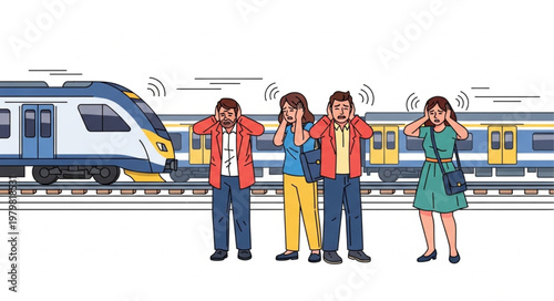 People covering ears from loud train noise on platform.