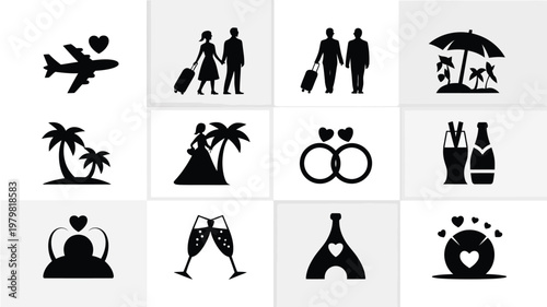 Black and white vector icons featuring travel romance and celebration themes including airplanes palm trees couples and champagne glasses