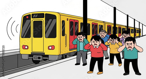 People Covering Ears From Loud Train Noise on Platform.