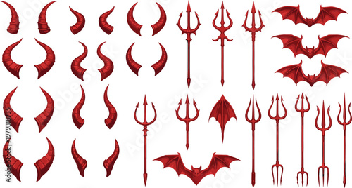 Devil Horns Wings and Tridents Collection with Red Demonic Elements Set for Halloween Fantasy Design Vector Illustration