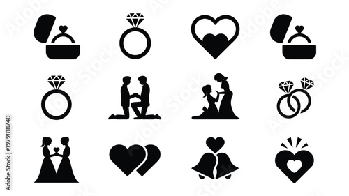Silhouette icons of wedding rings hearts and couples symbolizing love marriage and commitment in a minimalist vector style for relationship concepts