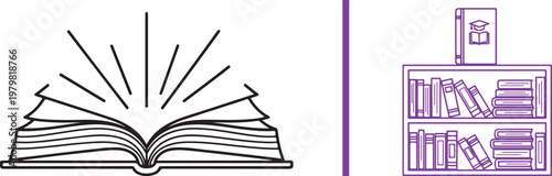Open book illustration and bookshelf icon with graduation cap book