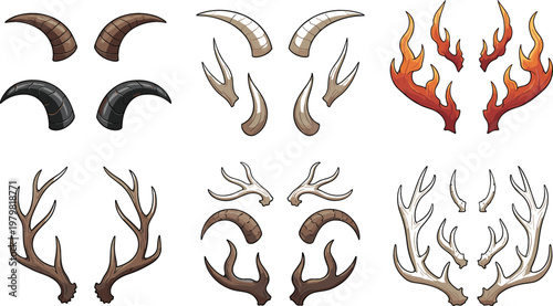 Animal Horns and Antlers Collection with Fire Horn Elements Fantasy and Wildlife Set for Game Design Vector Illustration