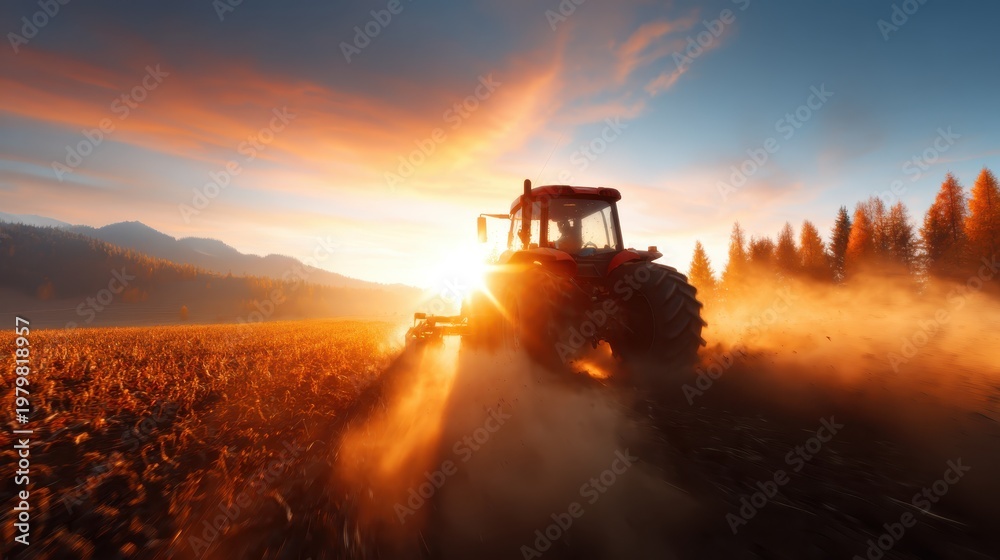 Fototapeta premium A powerful red tractor is seen working in a field at sunset, enveloped in golden light and dust, exemplifying the harmonious relationship between agriculture and nature.