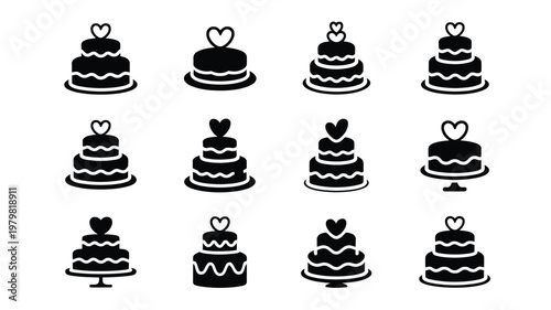 Black and white vector icons of tiered wedding cakes with heart toppers modern flat design for celebrations love and festive events