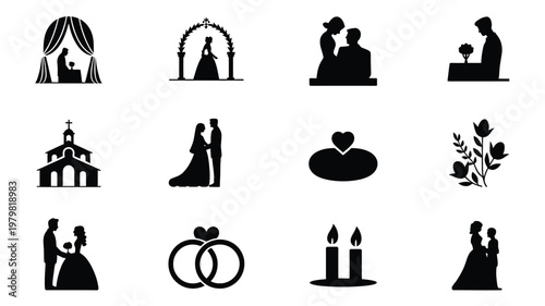 Black and white vector icons of wedding symbols including rings bouquet cake and a couple embracing for romance