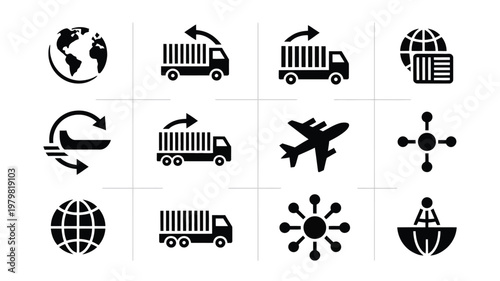 Global logistics icons featuring trucks airplanes and shipping containers symbolizing worldwide transport and supply chain management