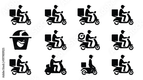 Set of delivery personnel icons riding scooters with boxes and bags minimalist flat design vector illustration logistics and transportation concept