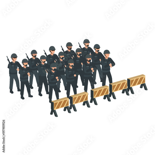 Riot Police Formation with Barriers, Crowd Control, Security Force