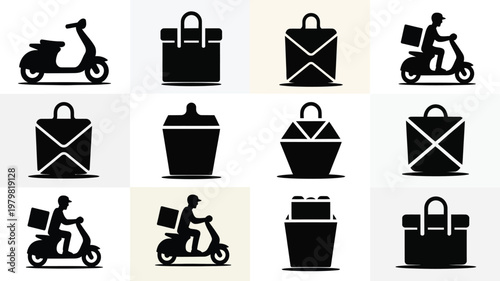 Black and white vector icons of delivery motorcycles shopping bags and baskets in minimalist style for e commerce and retail