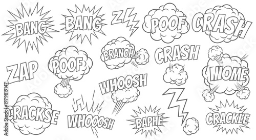 A collection of black and white comic book sound effects and speech bubbles, including 'BANG', 'POOF', 'CRASH', 'ZAP', 'WHOOSH', and 'CRACKLE', in an outline style.