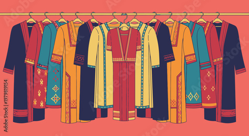 A vibrant illustration of a clothing rack displaying multiple traditional robes and dresses in various colors and intricate patterns, set against a solid background.