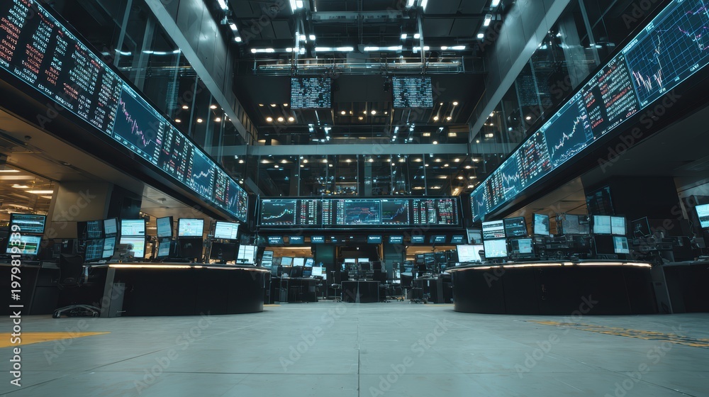 Fototapeta premium Modern Stock Exchange Interior with Multiple Trading Screens Displaying Data